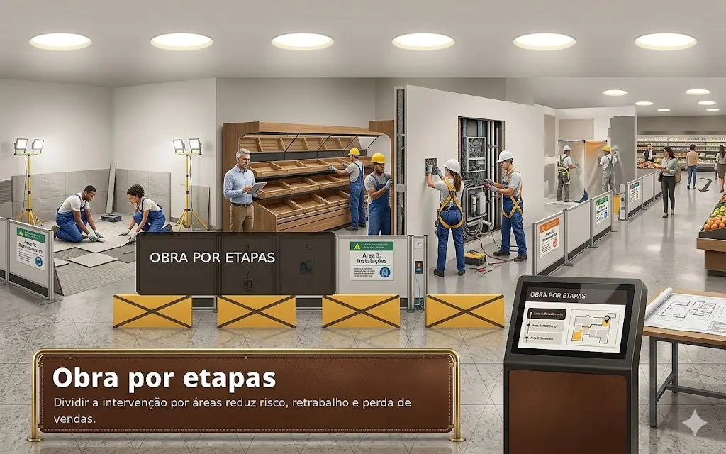 Obra de supermercado dividida por etapas com isolamento de áreas