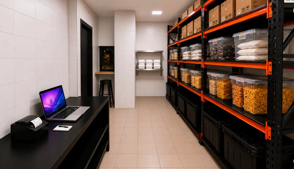 Área de estoque e apoio administrativo para restaurante delivery