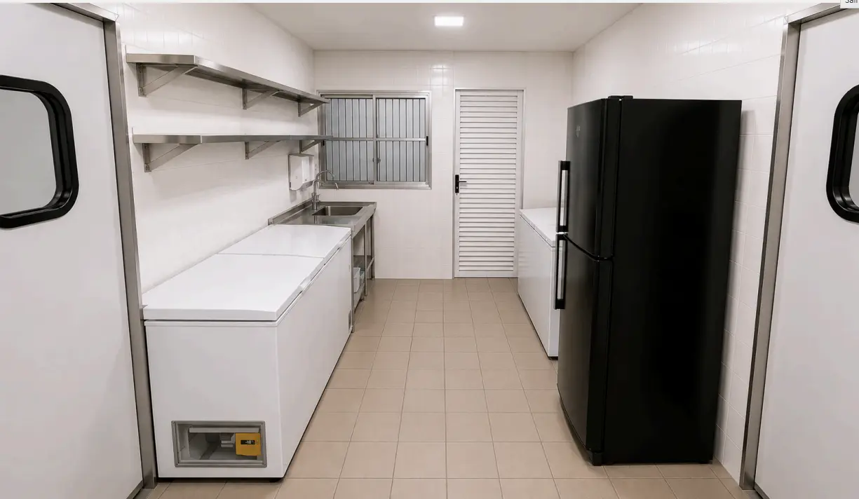 Área de freezers e refrigeração para apoio ao restaurante delivery