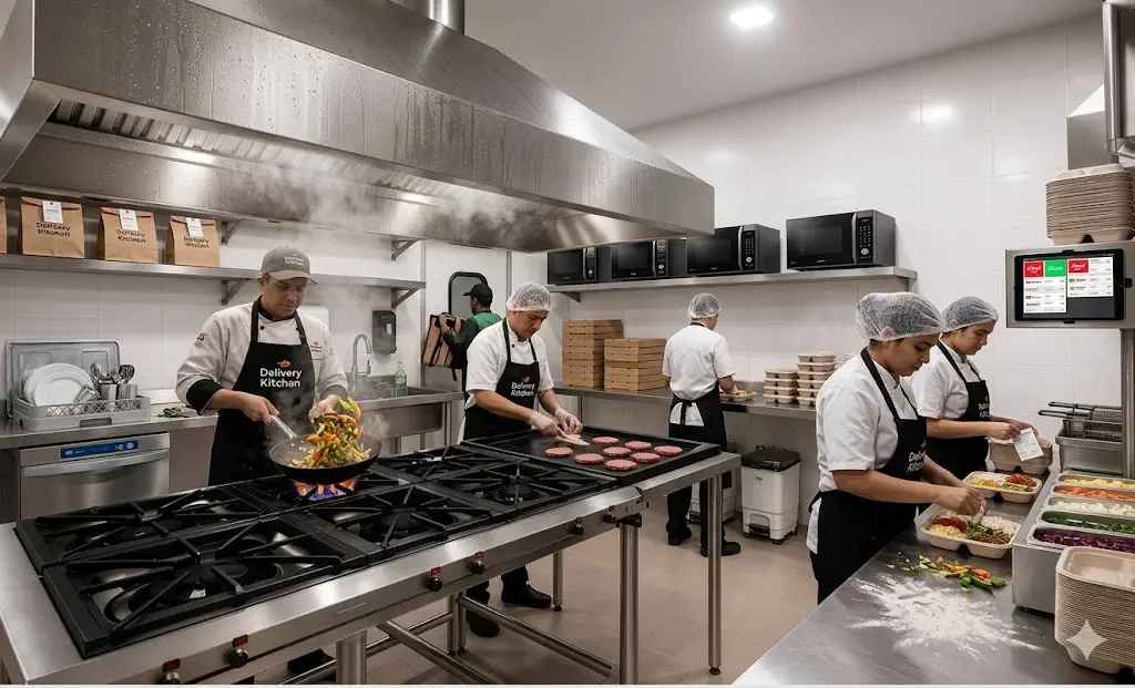 Área de trabalho da cozinha industrial com fluxo operacional para preparo e montagem dos pedidos
