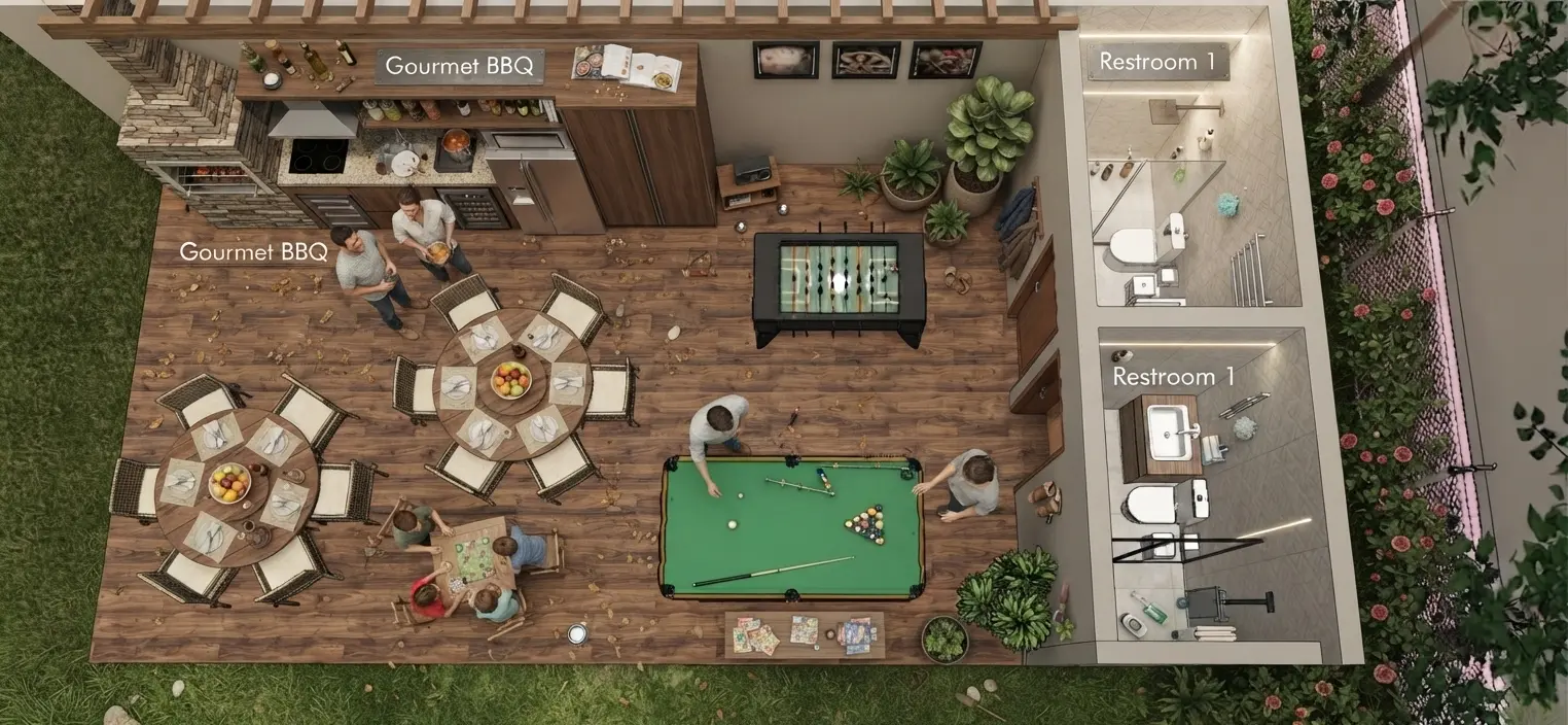 Planta do salão de jogos e espaço gourmet da Villa Verano