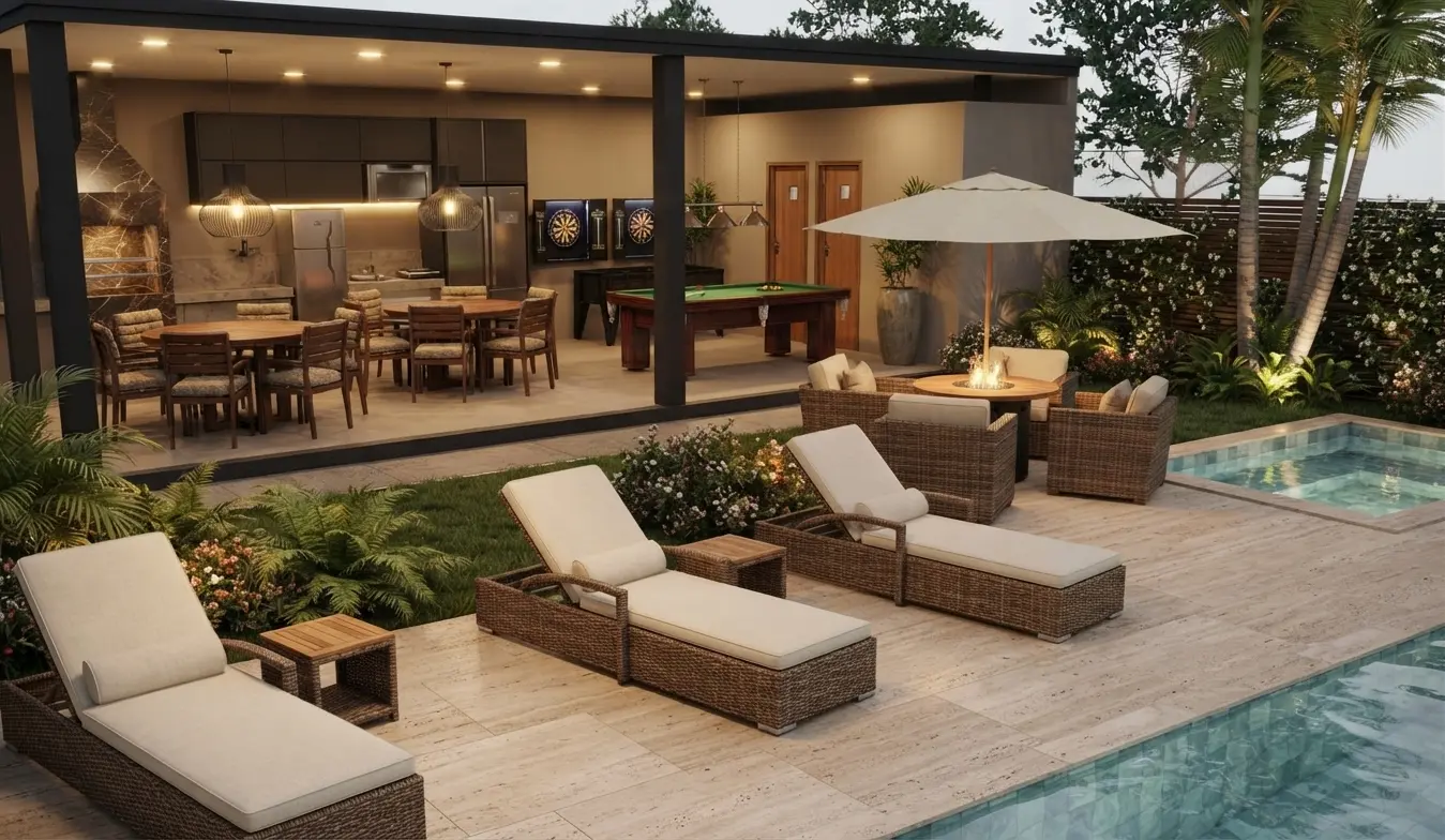 Espaço gourmet e salão de jogos da Villa Verano