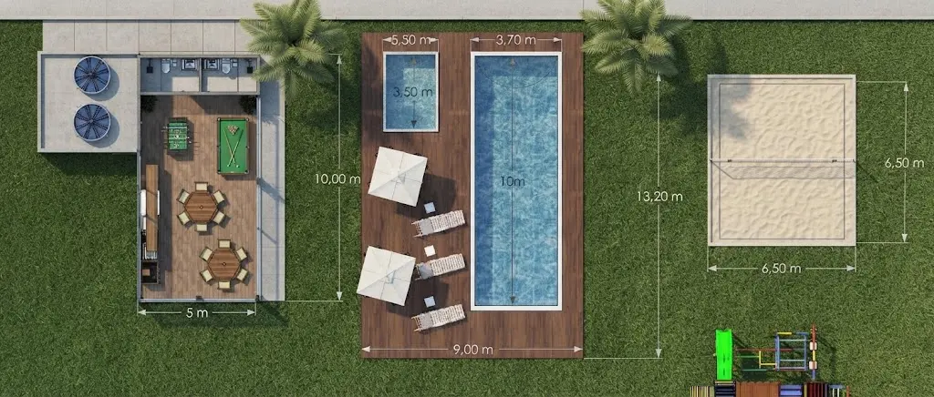 Implantação do projeto Villa Verano com espaço gourmet, piscina, quadra de areia e playground