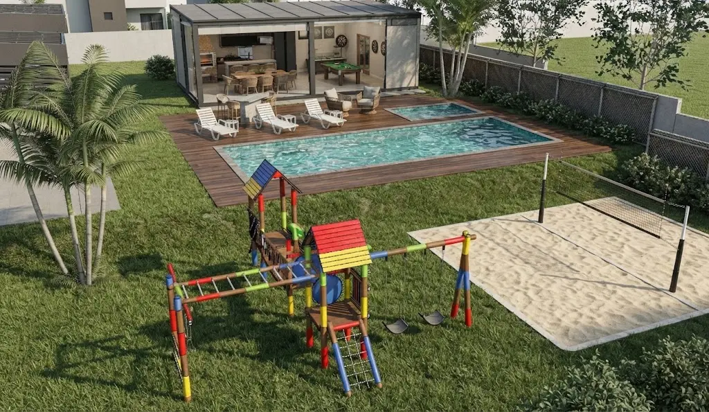 Playground, piscina e quadra de areia integrados ao paisagismo
