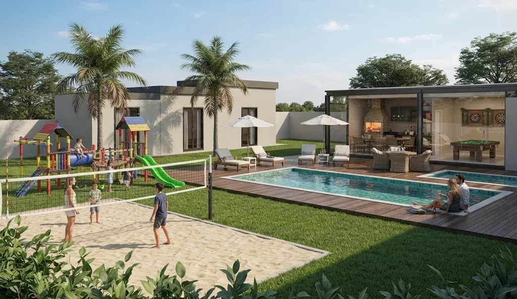 Vista da piscina, quadra de areia e playground da Villa Verano